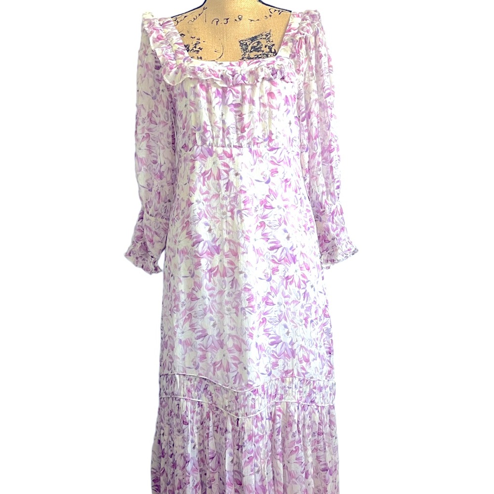 LoveShackFancy pink, and lavender floral summer dress
